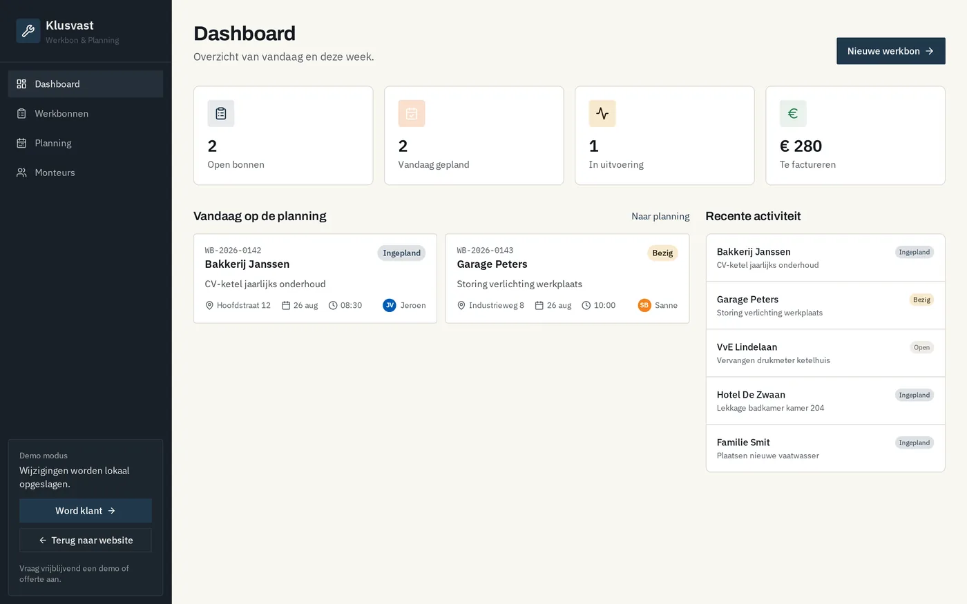 Dashboard van Klusvast met openstaande klussen en bonnen van vandaag