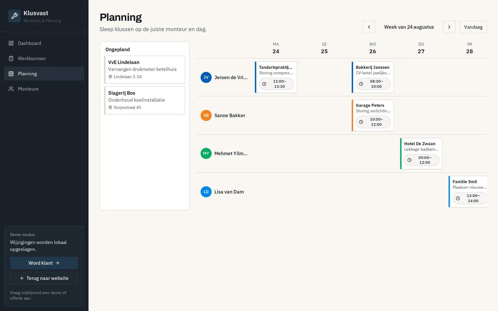 Weekplanning in Klusvast met klussen per monteur en per dag